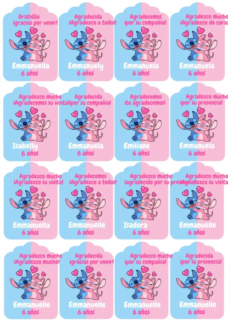 Invitación Etiqueta de Agradecimiento Stitch y Angel Rosa