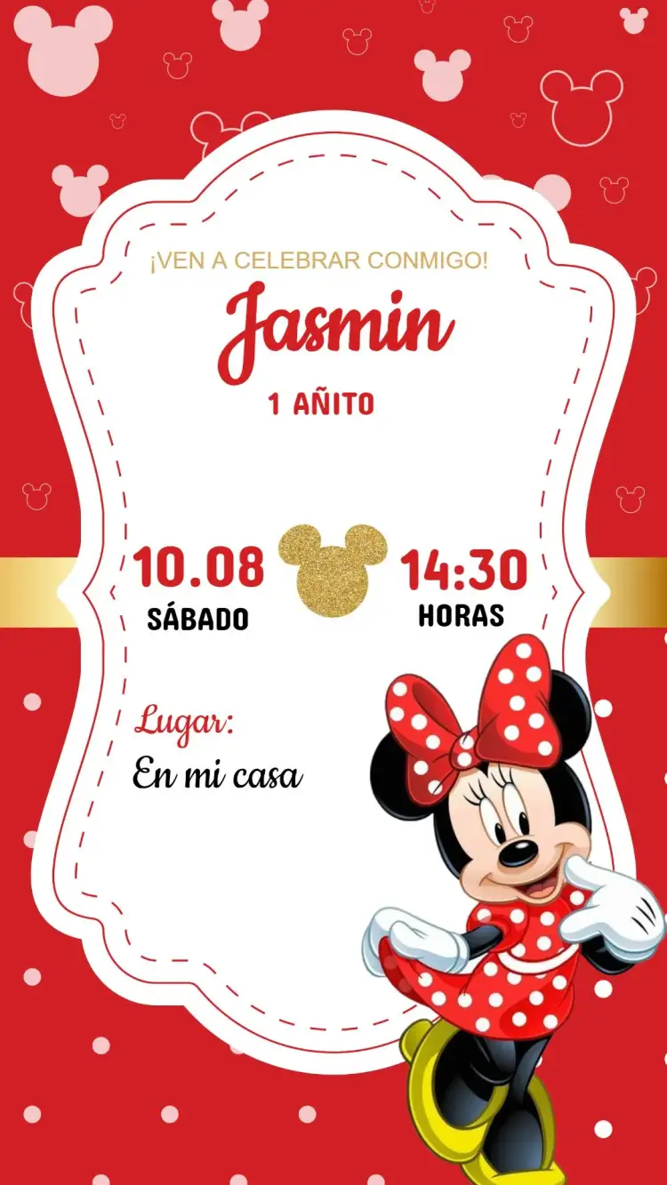 Invitación Invitación Cumpleaños Minnie Roja – tema Cumpleaños Infantil rojo, negro, divertido, infantil, colorido