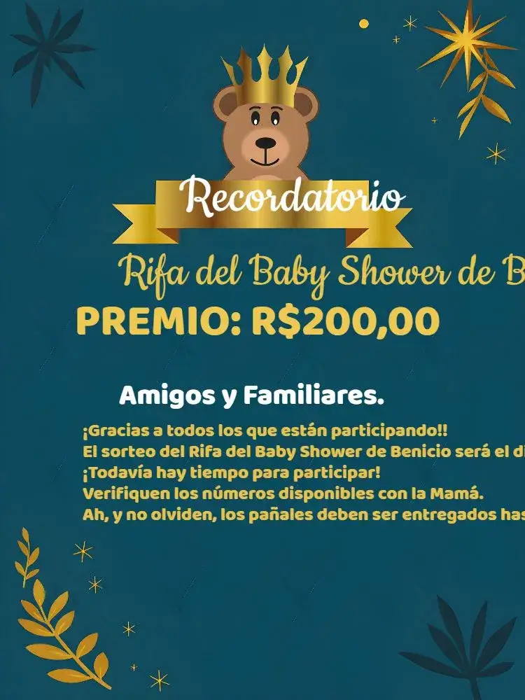 Invitación Lembrete De Baby Shower Rifa Oso Príncipe Realeza – tema Té Rifa dorado, azul, realeza, ositos, infantil, moderno