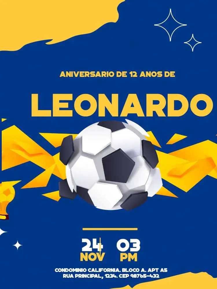 Invitación Equipo de Fútbol Moderno Azul – tema Cumpleaños Infantil moderno, deportivo, azul, amarillo, dinámico, brasileño