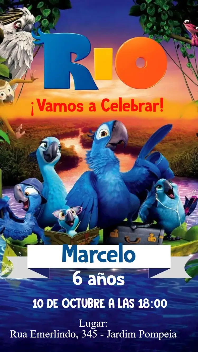 Invitación Rio la Película – tema Cumpleaños Infantil colorido, animado, tropical, divertido, temático, ilustrativo