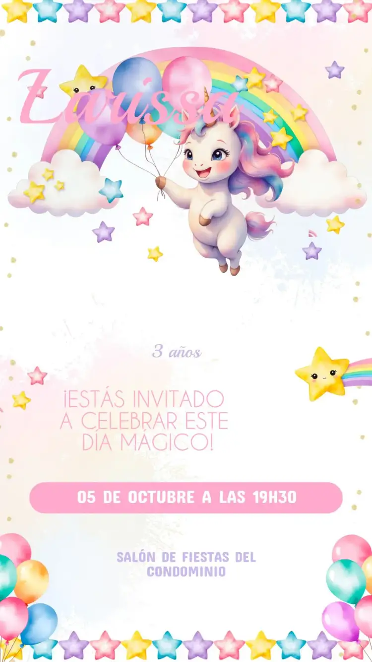 Invitación Invitación Cumpleaños Infantil Unicornio – tema Cumpleaños Infantil colores pastel, ilustraciones lúdicas, brillo y magia, elementos de fantasía, estilo alegre, diseño moderno