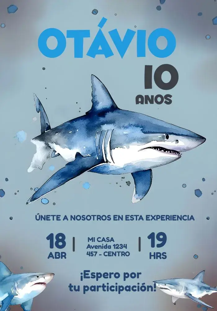 Invitación Tiburón Acuarela Niño