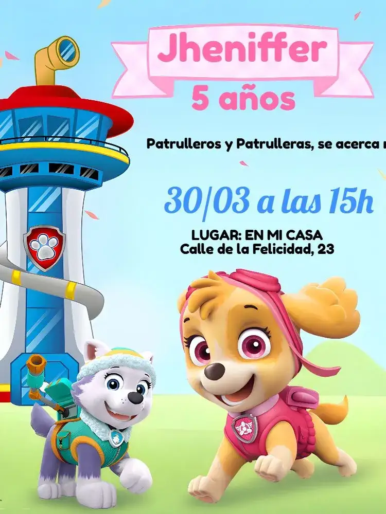 Invitación Patrulla Canina Skye Rosa – tema Cumpleaños Infantil rosa, lúdico, colorido, divertido, temático, infantil