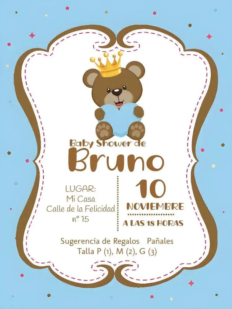Invitación Baby Shower Príncipe Oso – tema Baby Shower marrón suave, azul claro, blanco neutro, lúdico, infantil, delicado