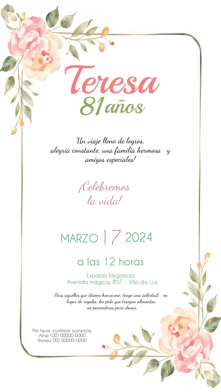 Invitación Floral Adulto – tema Cumpleaños floral, elegante, vibrante, verde, rosa, moderno