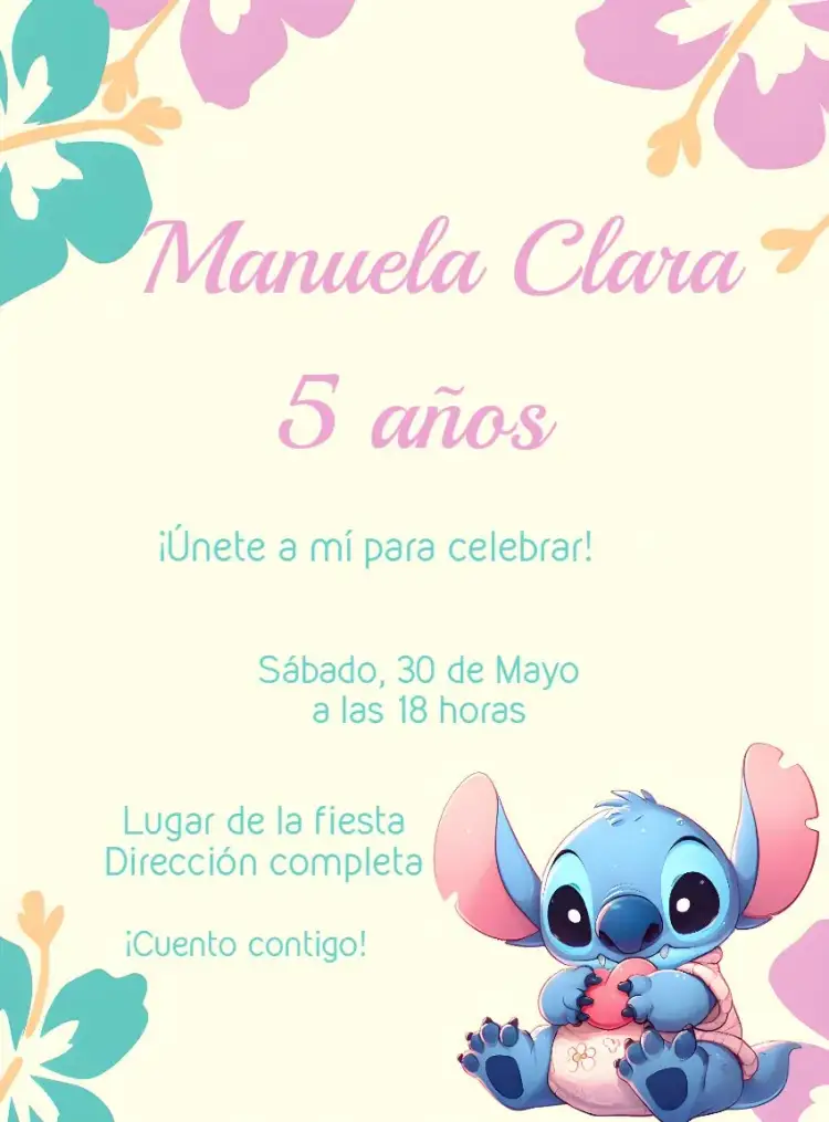 Invitación Stitch Floral – tema Más buscados floral, colorido, delicado, infantil, moderno