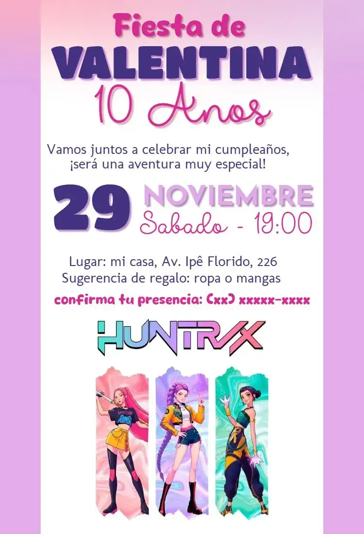 Invitación Cumpleaños Kpop Demon hunters – tema Cumpleaños Infantil colores rosa, estilo moderno, elementos gráficos de Kpop, inspirado en girlbands, visual divertido, atmósfera festiva