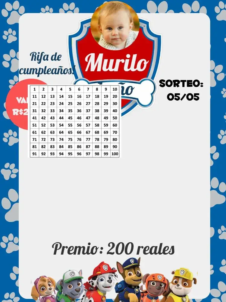 Invitación Rifa De Patrulha Canina Cartela