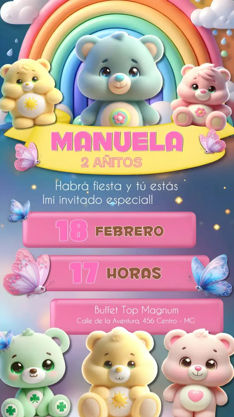Invitación Ositos Cariñosos Colorido – tema Cumpleaños Infantil colorido, lúdico, divertido, infantil, fofinho, alegre