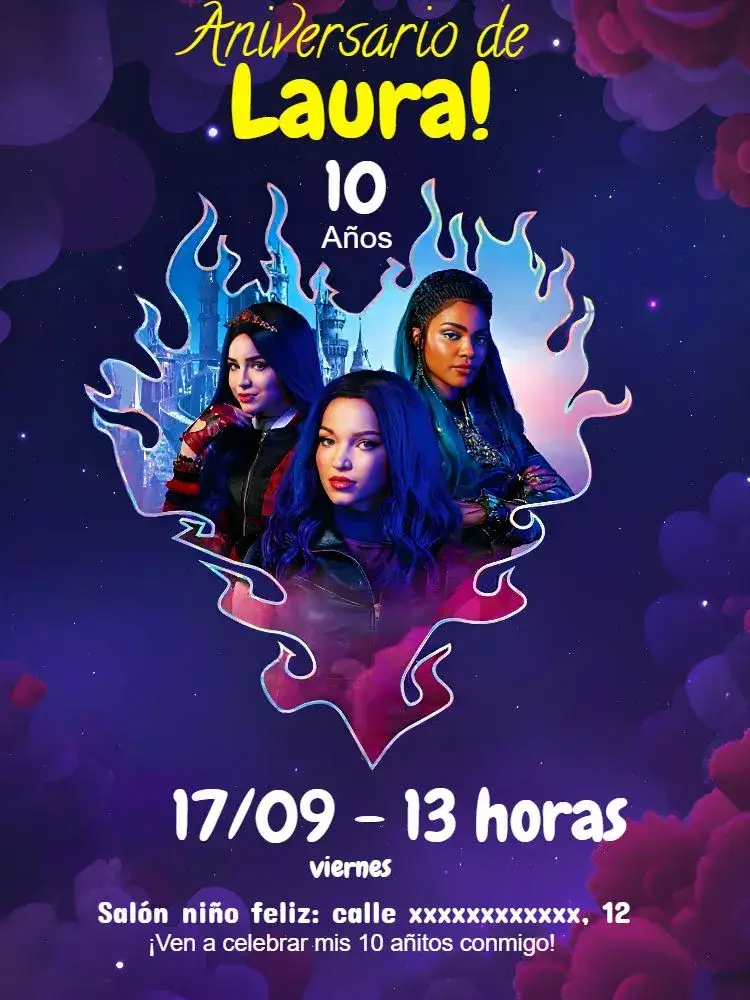 Invitación Descendientes Corazón – tema Cumpleaños Infantil púrpura, amarillo, blanco, corazón, castillo, divertido