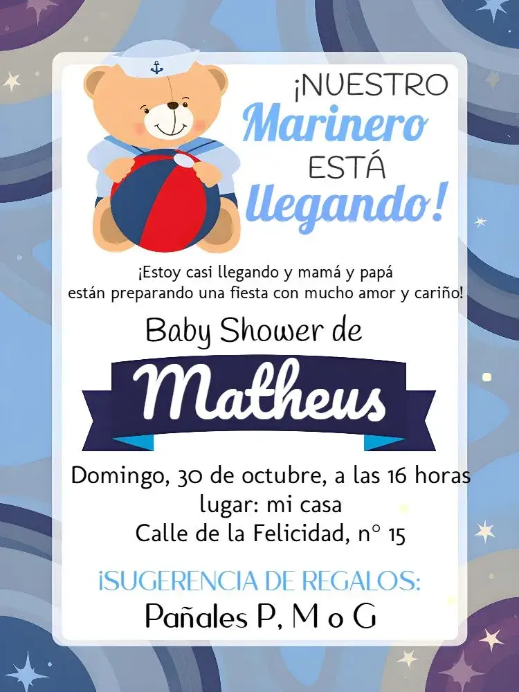 Invitación Baby Shower Osito Marinero Negro