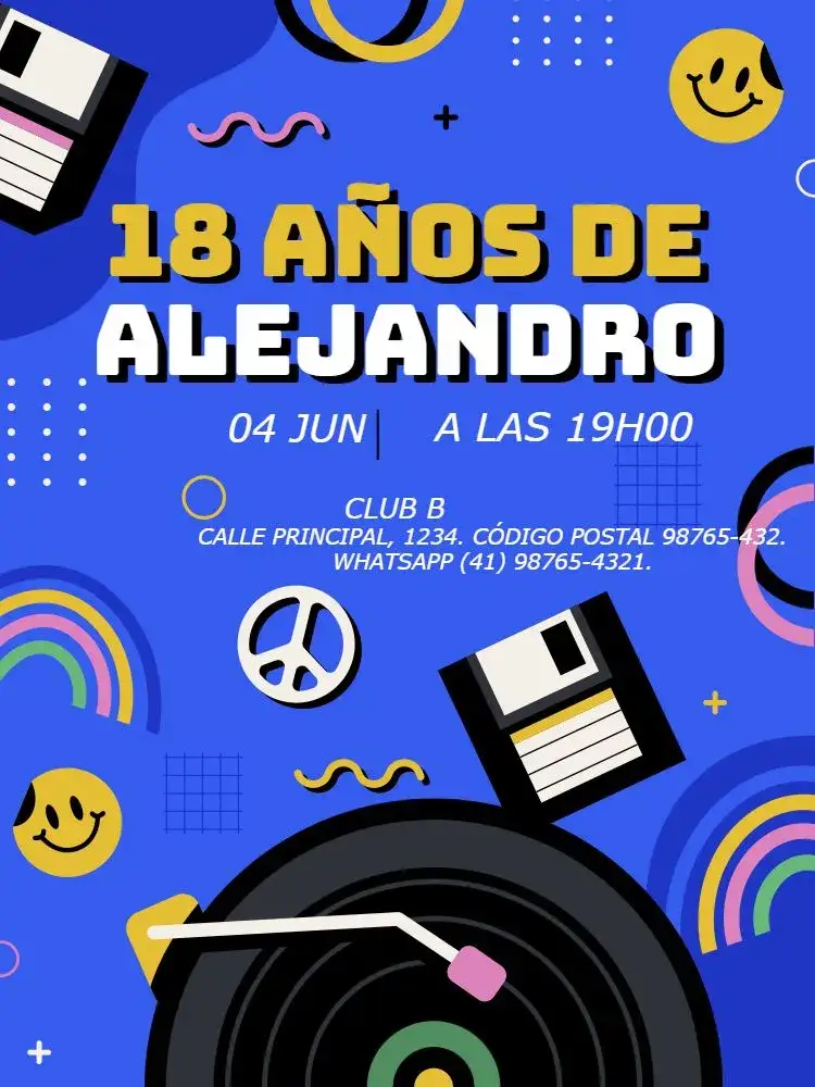 Invitación 18 Años Adulto – tema Cumpleaños Infantil años 90, moderno, divertido, tecnológico, oscuro, azul