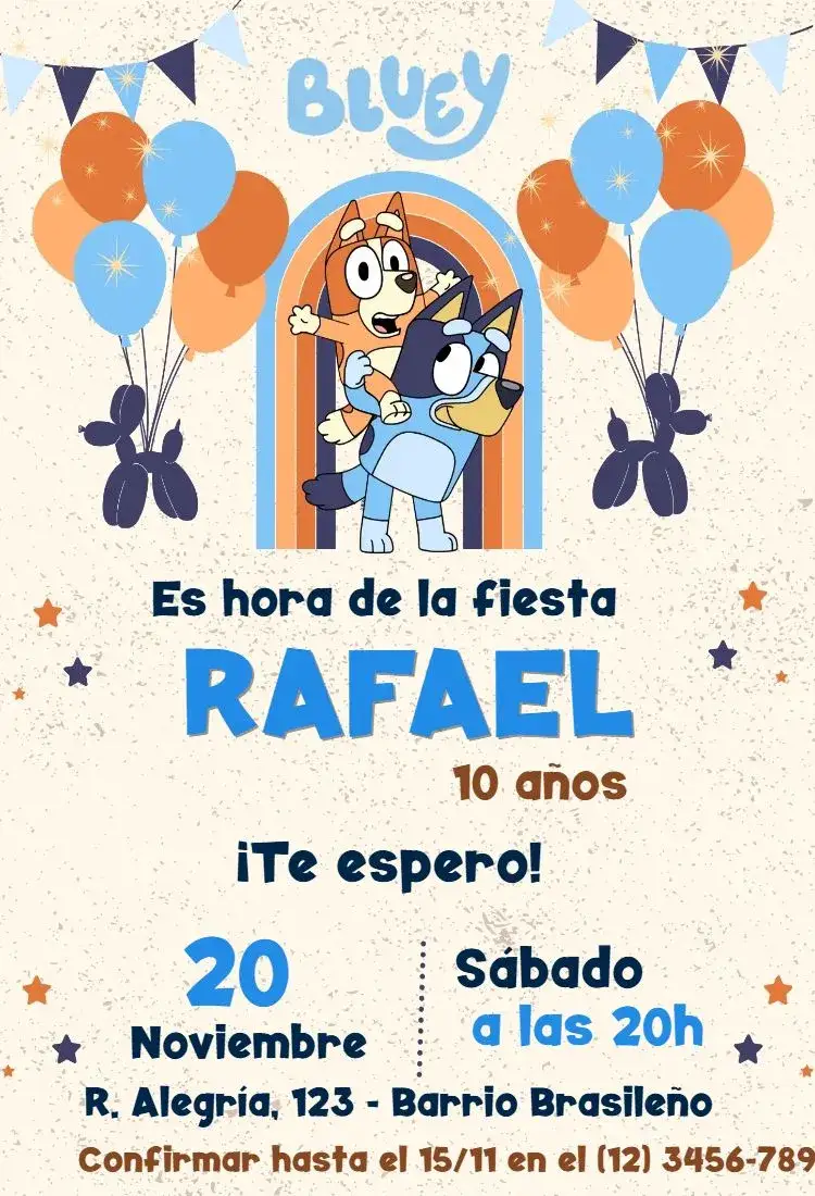 Invitación Bluey – tema Cumpleaños Infantil colorido, divertido, infantil, animado, cartoon, brincalhón