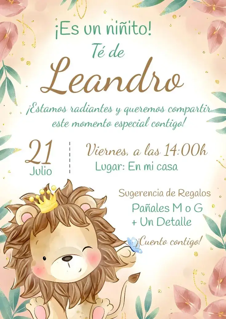 Invitación Baby Shower León – tema Baby Shower acuarela, infantil, animales, colores suaves, divertido, lúdico