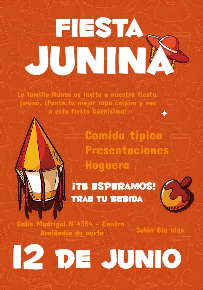Invitación Fiesta Junina de Paja – tema Fechas Conmemorativas rústico, colorido, vintage, alegre, tradicional, festa temática