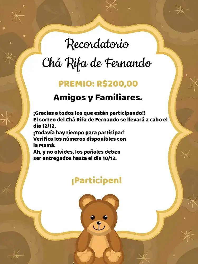 Recordatorio De Té Rifa Osito Dorado