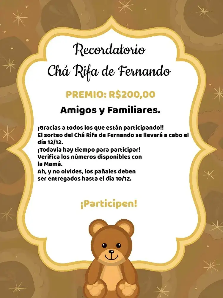 Invitación Recordatorio De Té Rifa Osito Dorado – tema Té Rifa dorado, blanco, negro, moderno, infantil