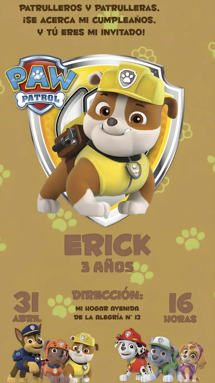 Invitación Rubble Patrulla Canina Patrol