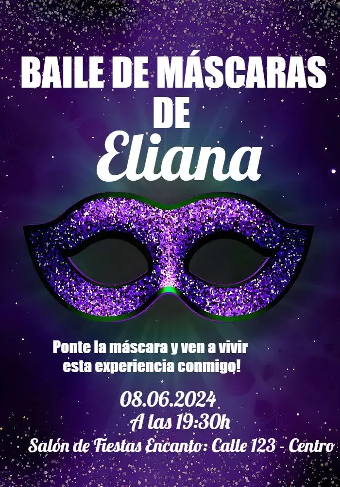 Invitación Baile De Máscaras Celebración – tema Fechas Conmemorativas negro y morado, purpurina, elegante, misterioso, carnaval, festivo