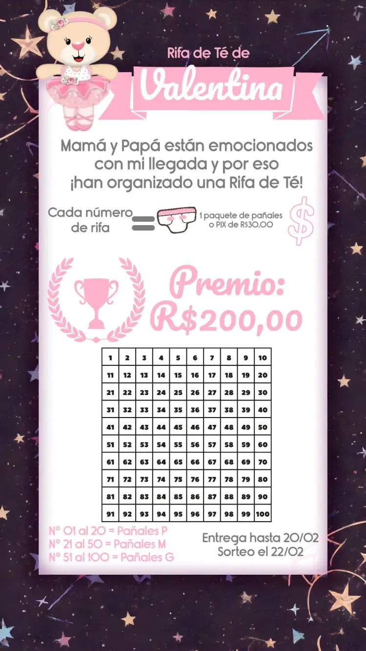 Invitación Té Rifa Osita Bailarina Niña – tema Té Rifa rosa, blanco, floral, bailarina, moderno, infantil