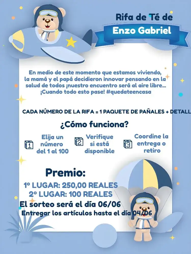 Invitación Té Rifa Osito Aviador Marino – tema Té Rifa aviador, marino, lúdico, colorido, infantil, divertido