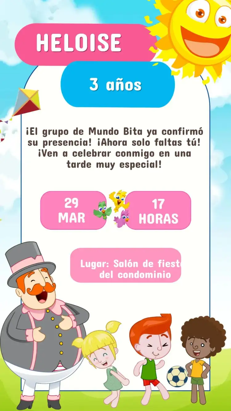 Invitación Invitación Cumpleaños Mundo Bita Niña – tema Cumpleaños Infantil colores vibrantes, personajes infantiles, ilustraciones lúdicas, diseño alegre, tema colorido, estilo divertido