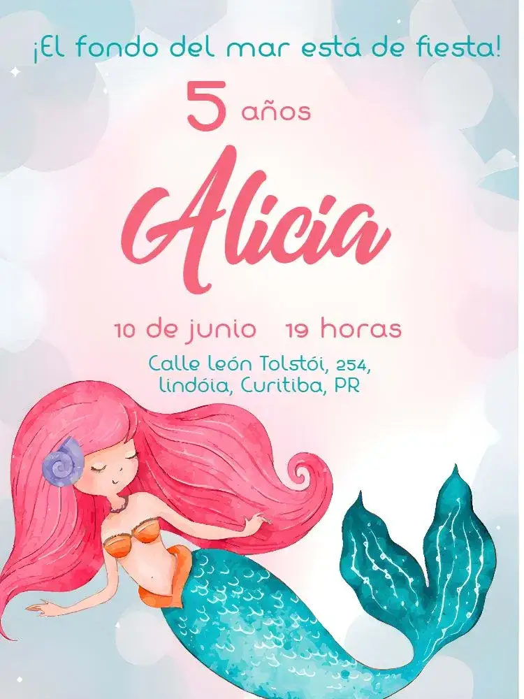 Invitación Sirena Mar – tema Cumpleaños Infantil colorido, marino, de fantasía, divertido, lúdico, tropical