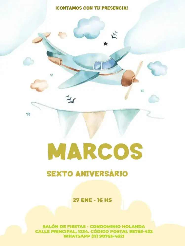 Invitación Infantil Avión Azul Celebración – tema Cumpleaños Infantil azul claro, avión, nubes, lúdico, masculino, infantil