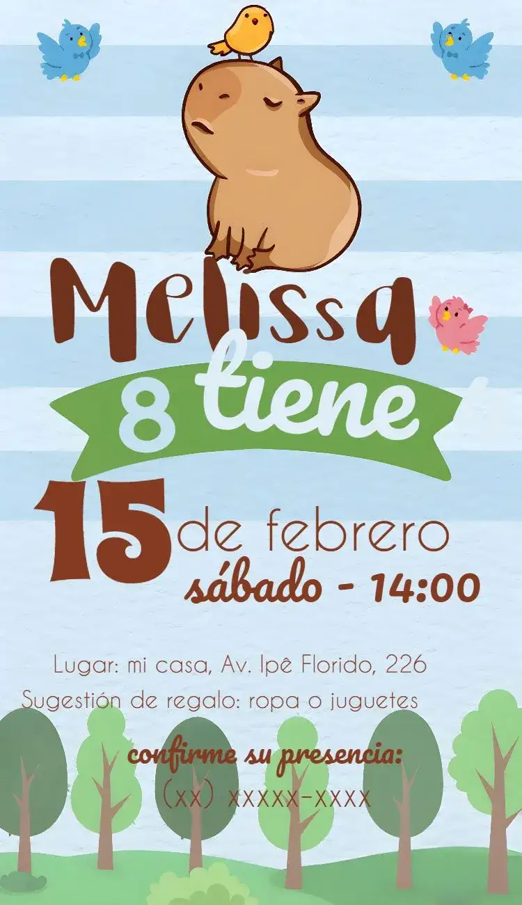 Invitación Capivara Niña – tema Cumpleaños Infantil colorido, divertido, infantil, natureza, ilustración, alegre