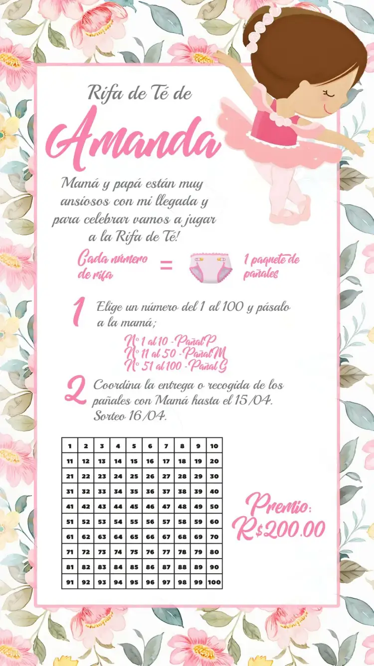 Invitación Baby Shower Bailarina Rifa – tema Baby Shower bailarina, floral, rosa y blanco, princesa, festivo, delicado
