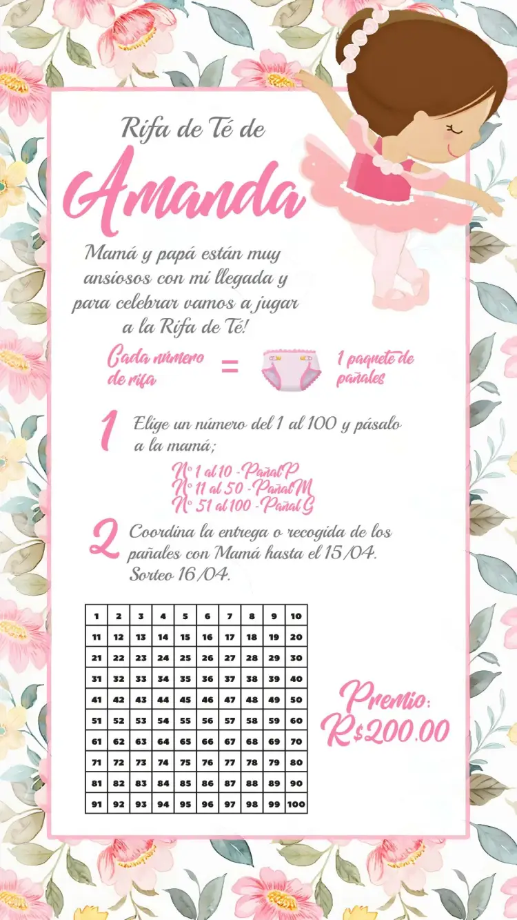 Invitación Baby Shower Bailarina Rifa