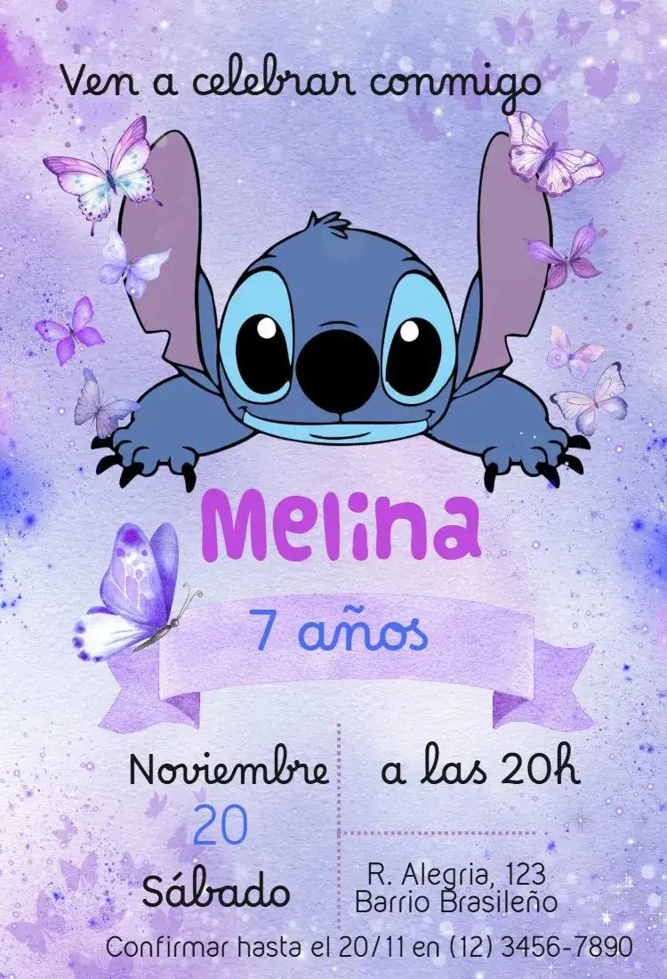 Invitación Stitch – tema Fechas Conmemorativas acuarela, lila, delicado, infantil, personajes, divertido