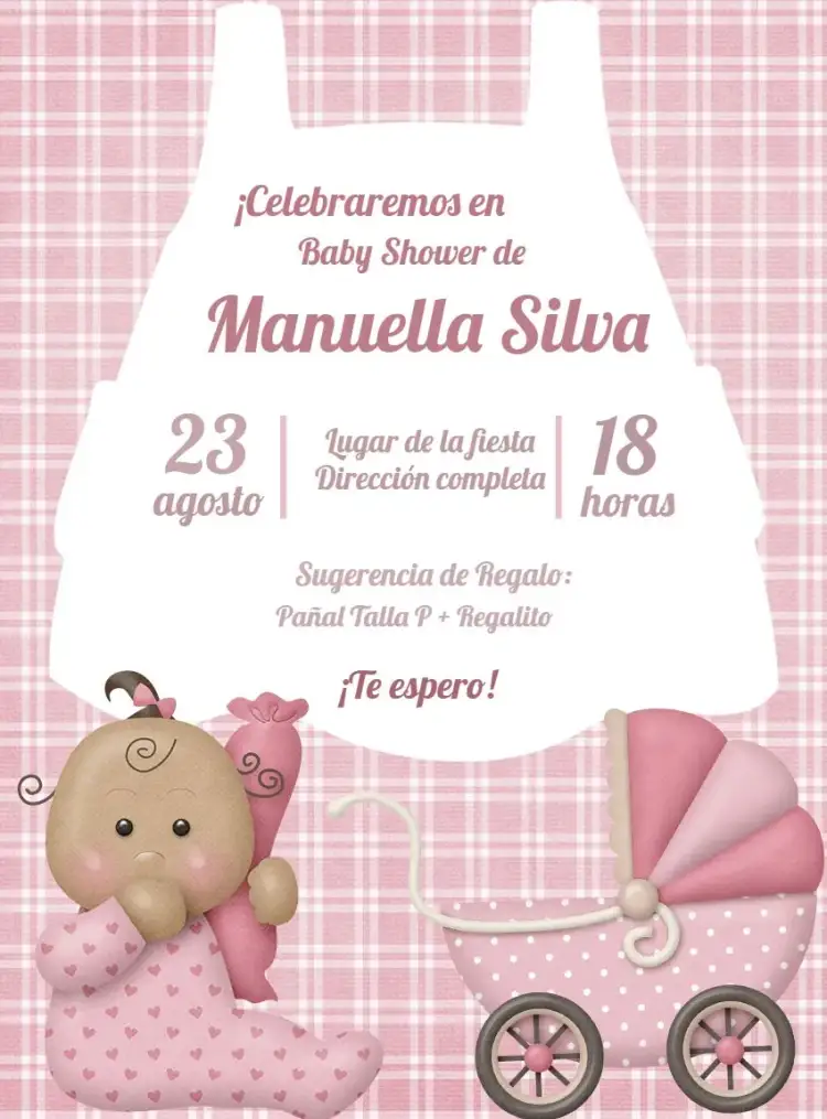 Invitación Baby Shower Niña Bebé – tema Baby Shower rosa y marrón, lúdico, cochecitos de bebé, pañales, moderno