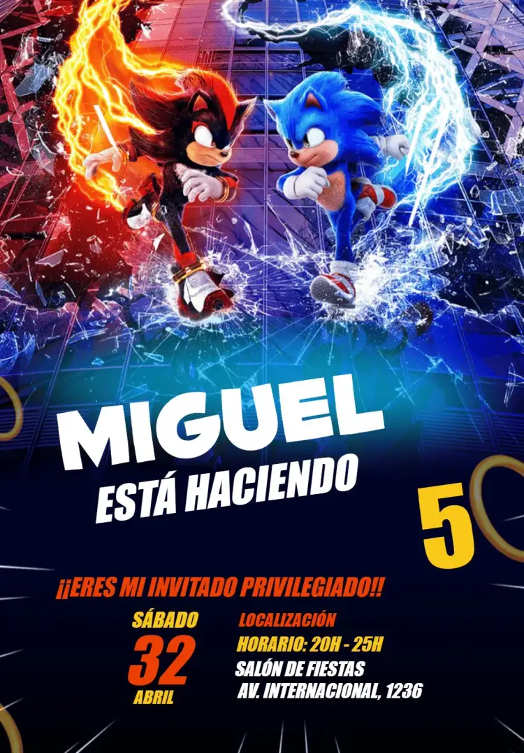 Invitación Sonic 3 Película – tema Cumpleaños Infantil moderno, colorido, temático, divertido, infantil