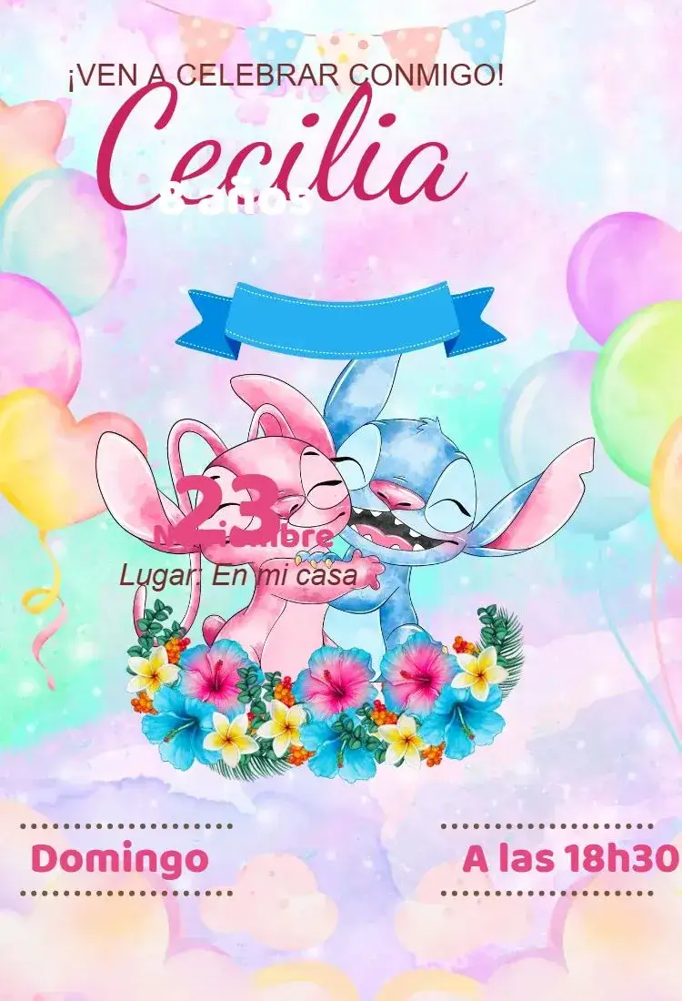 Invitación invitación digital de Stitch y Angel – tema Cumpleaños colorido, kawaii, divertido, moderno, infantil