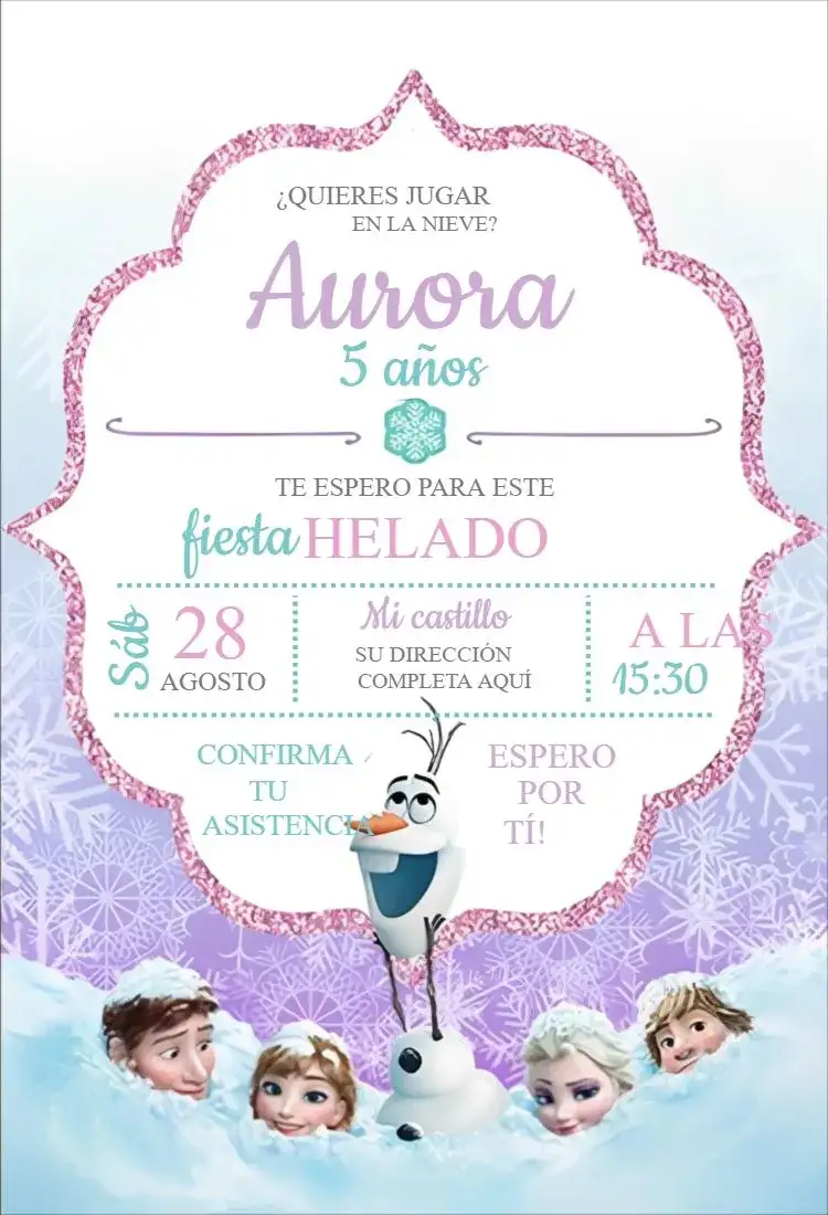 Invitación Frozen 3 – tema Cumpleaños nieve, temática Frozen, colores pastel, divertido, infantil, mágico
