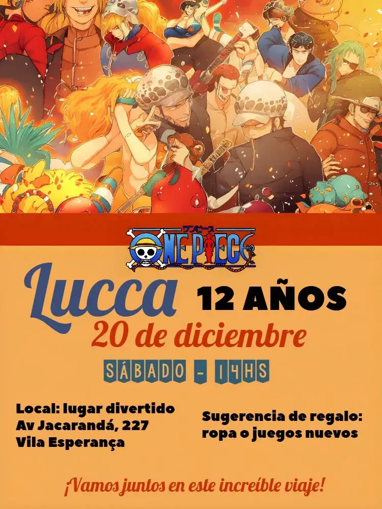Invitación One Piece Rojo – tema Cumpleaños Infantil colorido, pirata, anime, aventura, diversión, infantil