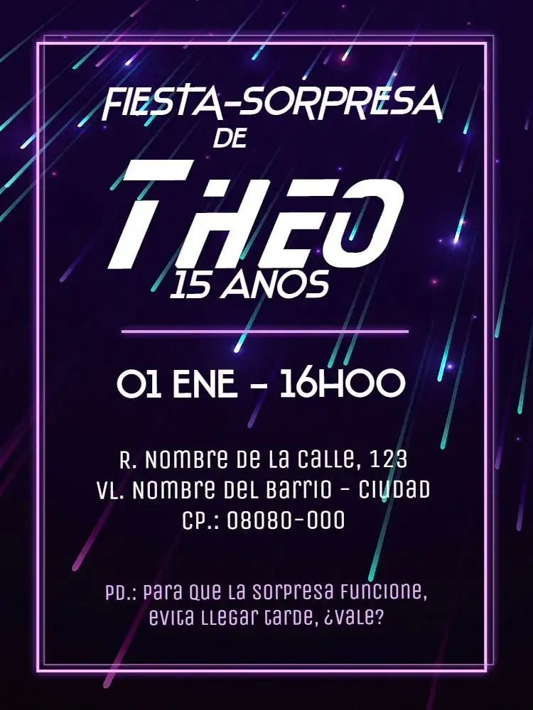 Invitación -Sorpresa Virtual - Cometas Estrellas Fugaces – tema Cumpleaños Infantil temática espacial, tonos oscuros, brillo, ilustraciones de cometas, elementos de estrellas, estilo divertido