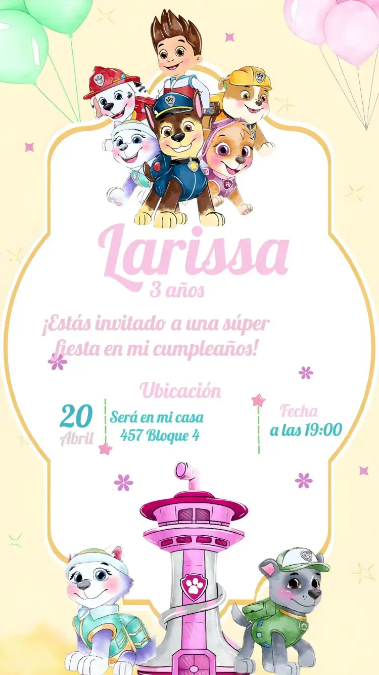Invitación Patrulla Canina Verde – tema Cumpleaños Infantil acuarela, divertido, colorido, temático, infantil, animales