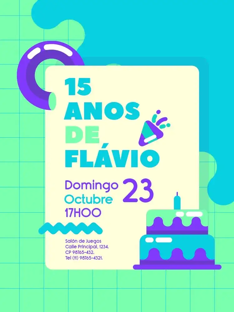 Invitación 15 Años Verde Azul – tema Cumpleaños Infantil moderno, divertido, joven, colores vibrantes, diseño alegre, estilo contemporáneo