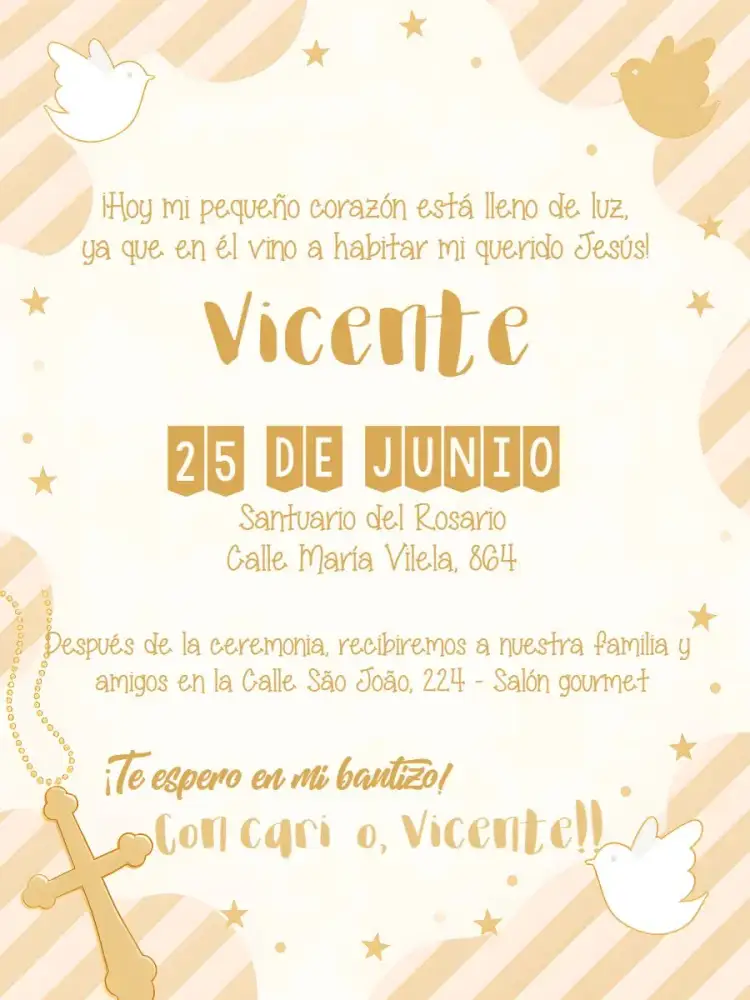 Invitación Presentación del Angelito – tema Primera Comunión dorado, beige, blanco, angelitos, minimalista, elegante