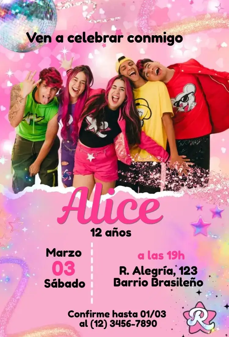 Invitación Invitación Youtubers de los Rosas Emily Vick – tema Más buscados colorido, divertido, moderno, digital, jovial