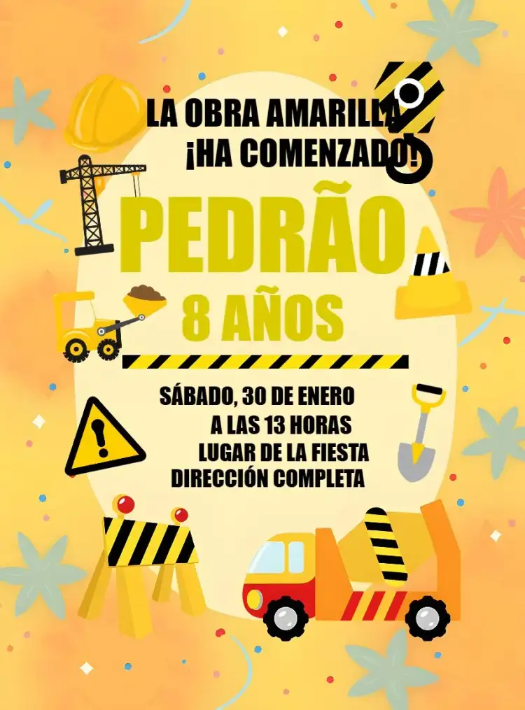 Invitación Construcción Amarillo – tema Té Rifa construcción, moderno, amarillo y negro, tema infantil, tractor, divertido