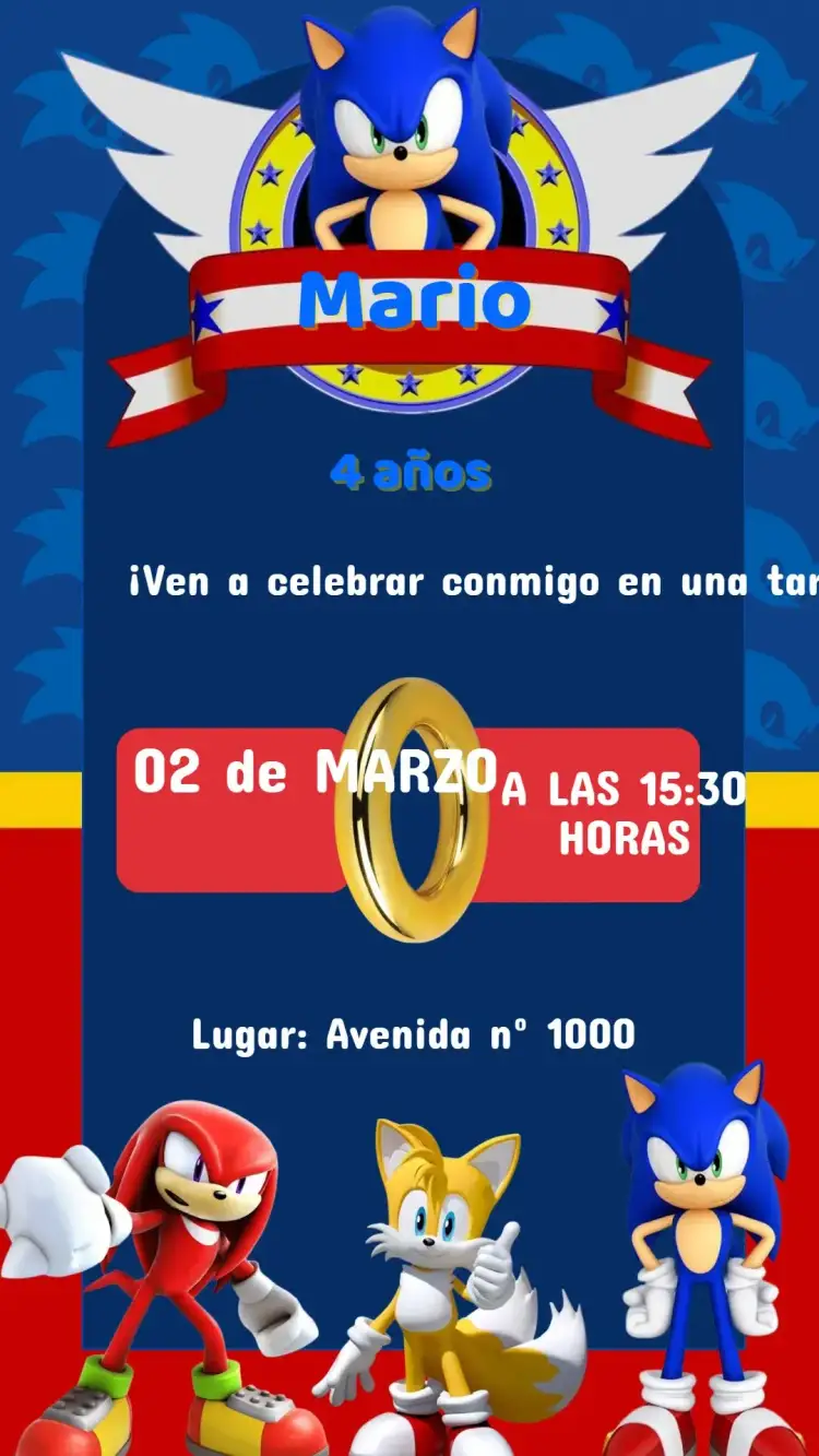 Invitación Invitación Cumpleaños Sonic – tema Cumpleaños Infantil colorido, temático, dinámico, aventura, juegos, infantil