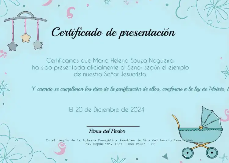 Certificado de Presentación Iglesia Pastor