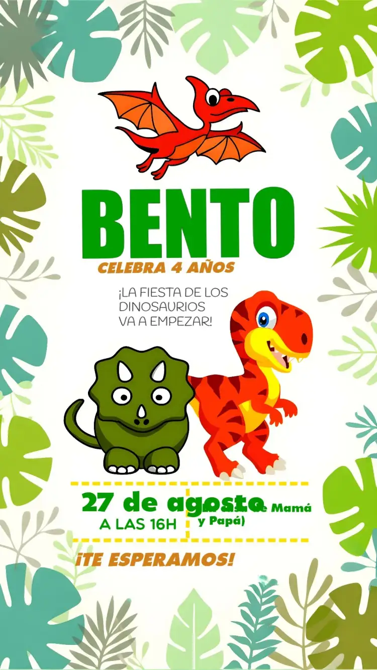 Invitación Dinosaurio Verde – tema Más buscados tema de dinossauros, color verde, decoração com folhas tropicais, design colorido, evento divertido, ambiente infantil