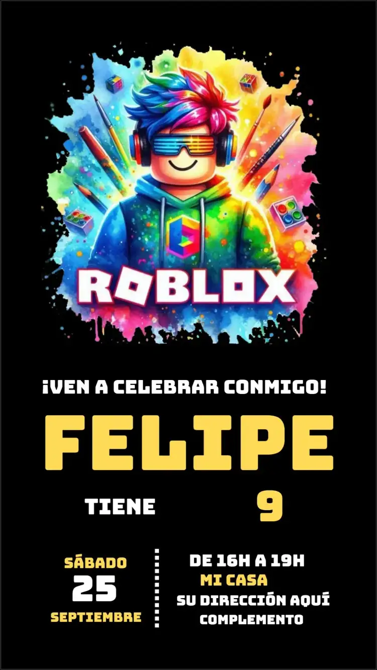 Invitación Roblox – tema Cumpleaños Infantil vibrante, colorido, moderno, juegos, diversión, interactivo
