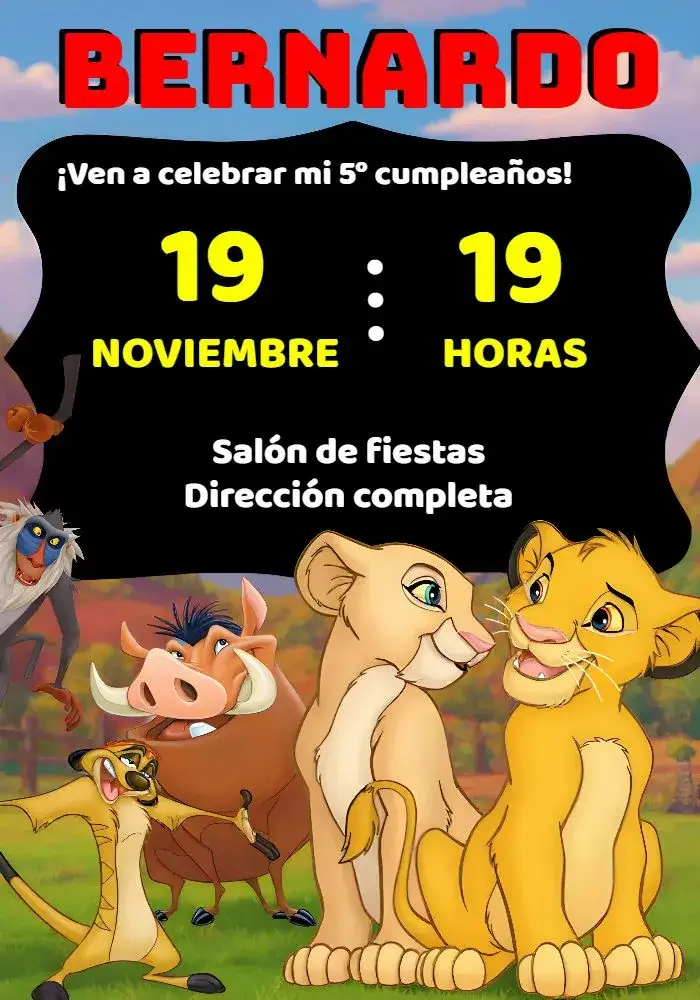 Invitación Rey León Verde – tema Cumpleaños Infantil animales, safari, verde, marrón, divertido, colorido