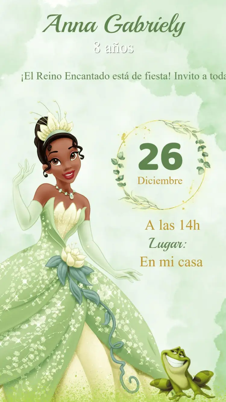 Invitación Invitación Cumpleaños Princesa Tiana y el sapo – tema Cumpleaños Infantil tonos suaves, elementos de cuento de hadas, diseño colorido, estilo lúdico, ilustraciones encantadoras